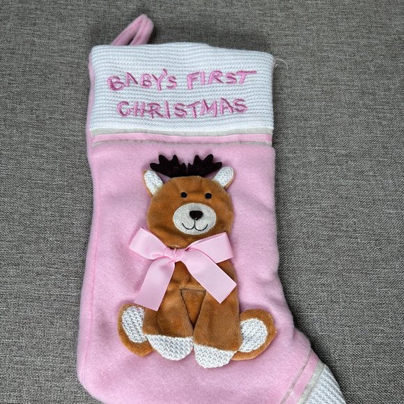 St Nick's Choice Baby's First Christmas Reindeer w/ Bow Stocking Pink - Picture 1 of 8